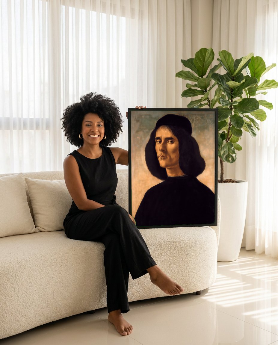 Quadro Decorativo Retrato de Jovem - Botticelli | modelo apresentando o quadro emoldurado