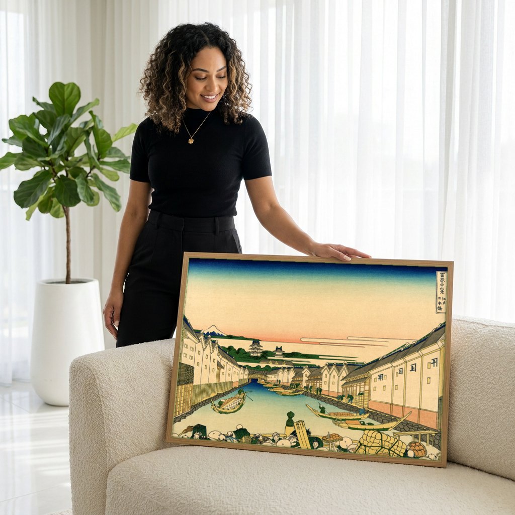 Quadro Decorativo Nihonbashi, Hokusai | modelo apresentando o quadro emoldurado