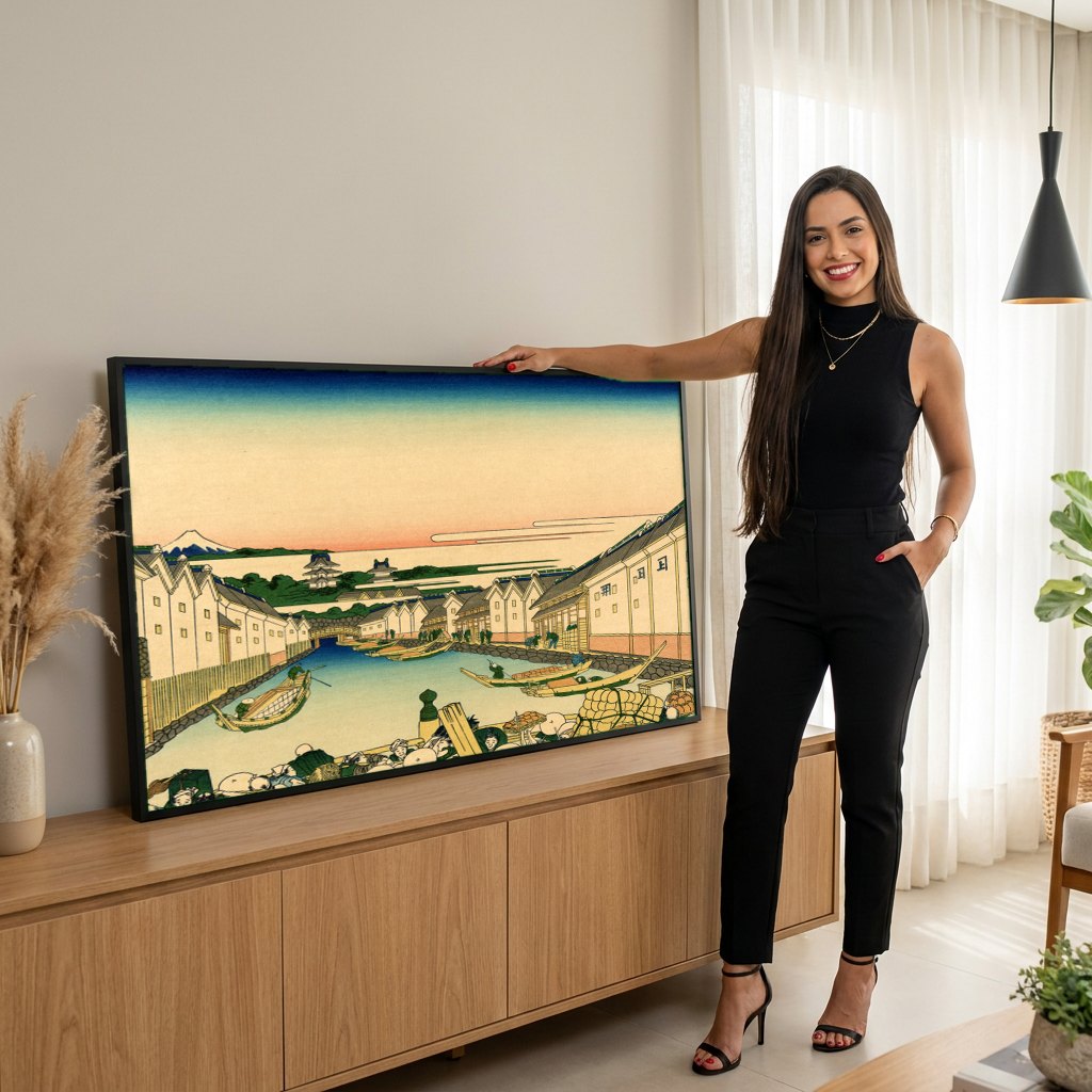 Quadro Decorativo Nihonbashi, Hokusai | modelo apresentando o quadro emoldurado