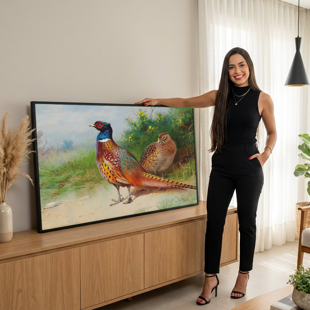 Quadro Decorativo Casal de Faisões - Archibald Thorburn | modelo apresentando o quadro emoldurado