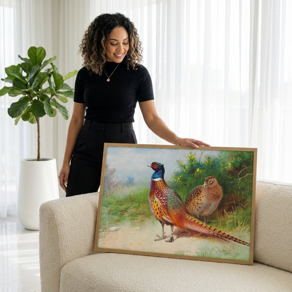 Quadro Decorativo Casal de Faisões - Archibald Thorburn | modelo apresentando o quadro emoldurado