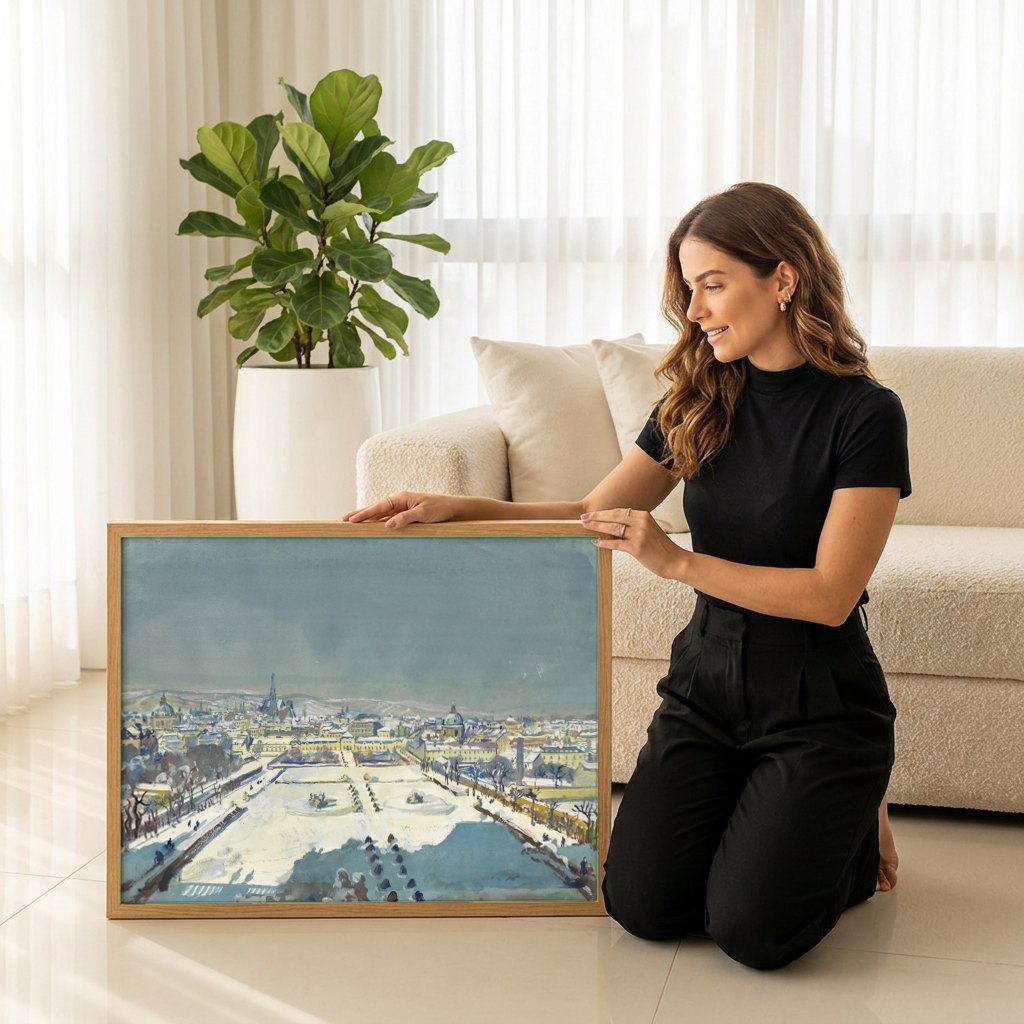 Quadro Decorativo Jardins Imperiais no Inverno - Oskar Laske | modelo apresentando o quadro emoldurado