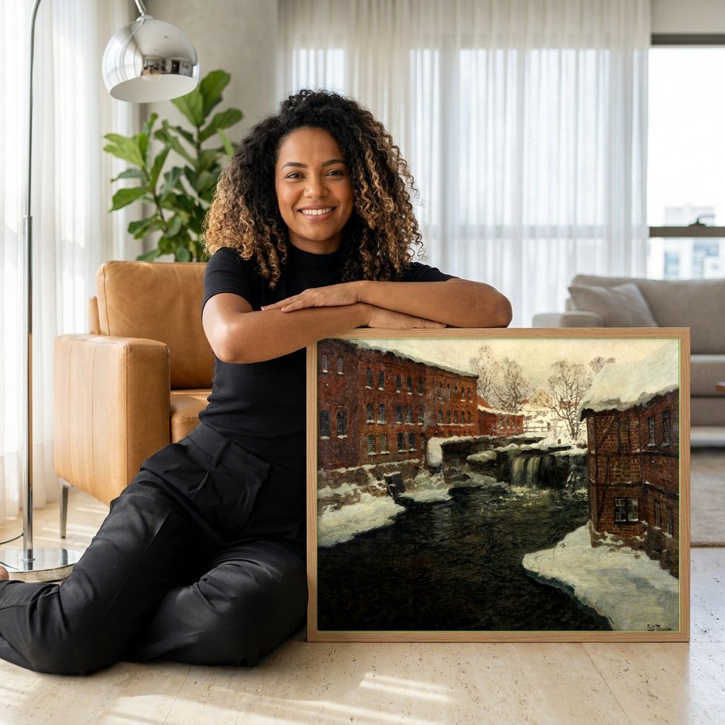 Quadro Decorativo Inverno Neve e Rio - Frits Thaulow | modelo apresentando o quadro emoldurado