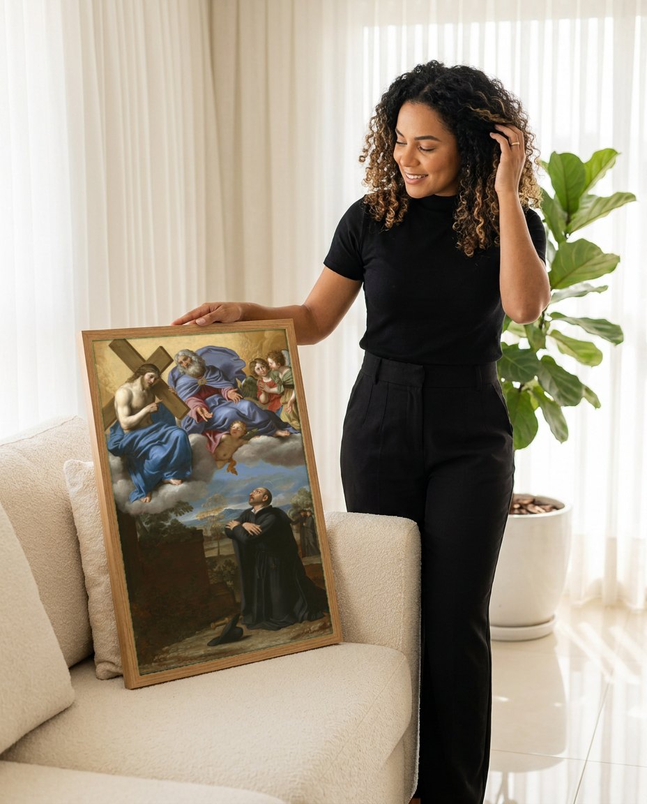 Quadro Decorativo A Visão de Santo Inácio de Loyola - Domenichino | modelo apresentando o quadro emoldurado