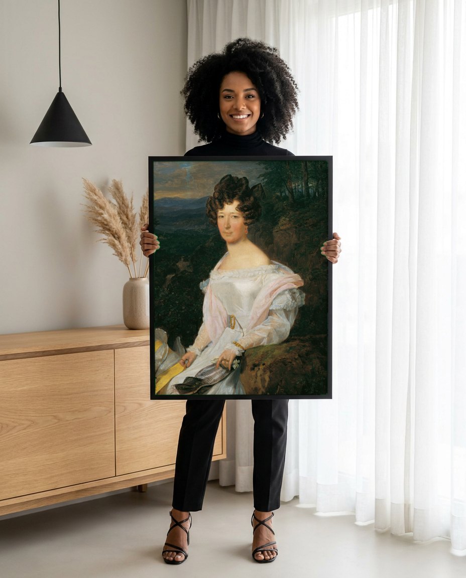 Quadro Decorativo Retrato Feminino - Ferdinand Georg Waldmüller | modelo apresentando o quadro emoldurado