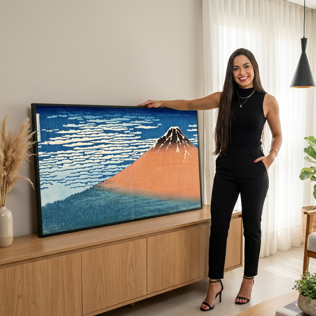 Quadro Decorativo Montanha Fuji - Hokusai | modelo apresentando o quadro emoldurado
