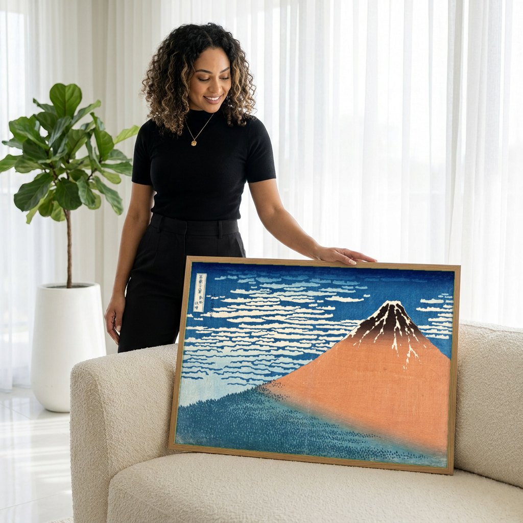 Quadro Decorativo Montanha Fuji - Hokusai | modelo apresentando o quadro emoldurado