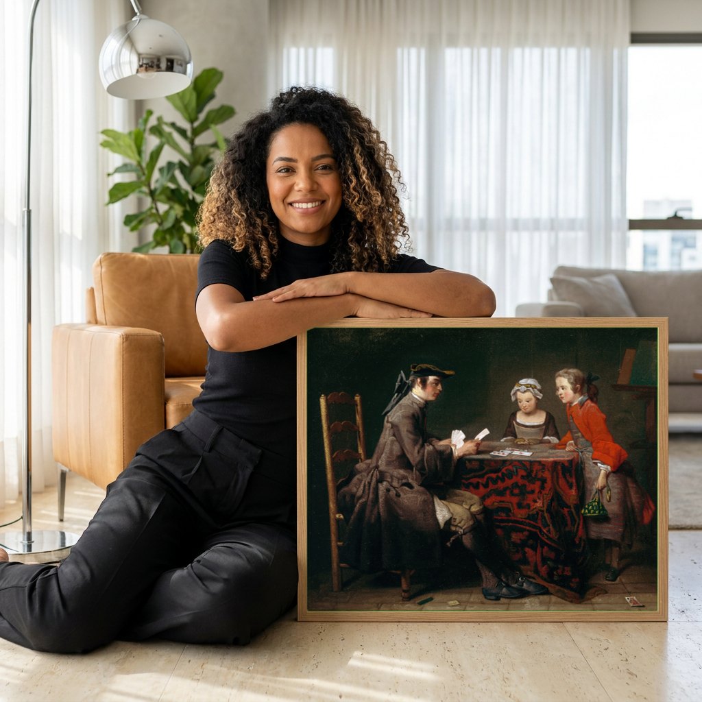Quadro Decorativo A Mesa de Jogo - Jean Siméon Chardin | modelo apresentando o quadro emoldurado