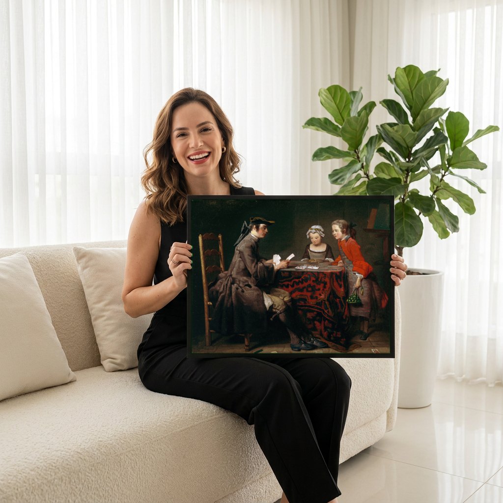 Quadro Decorativo A Mesa de Jogo - Jean Siméon Chardin | modelo apresentando o quadro emoldurado