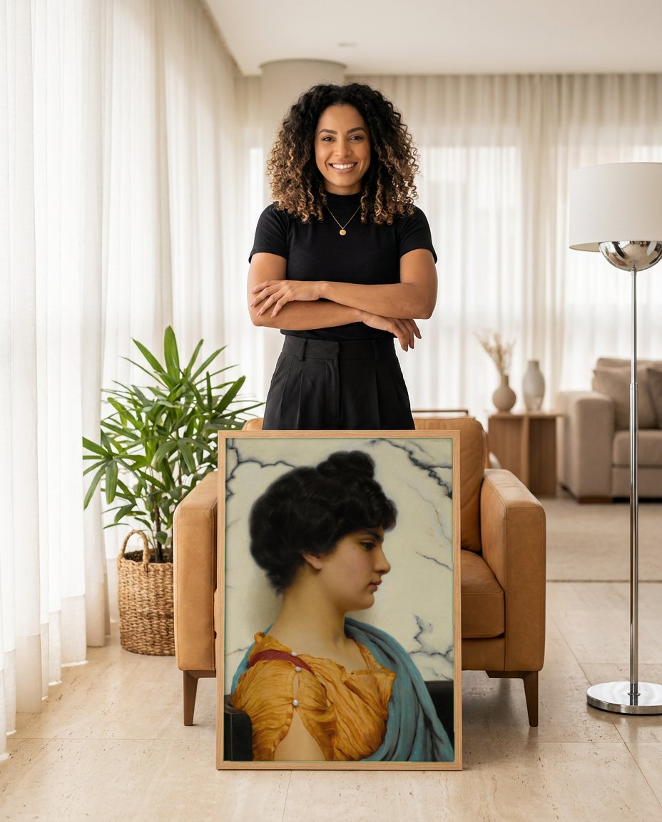 Quadro Decorativo A Contemplação - John William Godward | modelo apresentando o quadro emoldurado