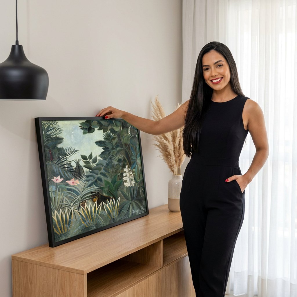 Quadro Decorativo A Selva Tropical - Henri Rousseau | modelo apresentando o quadro emoldurado