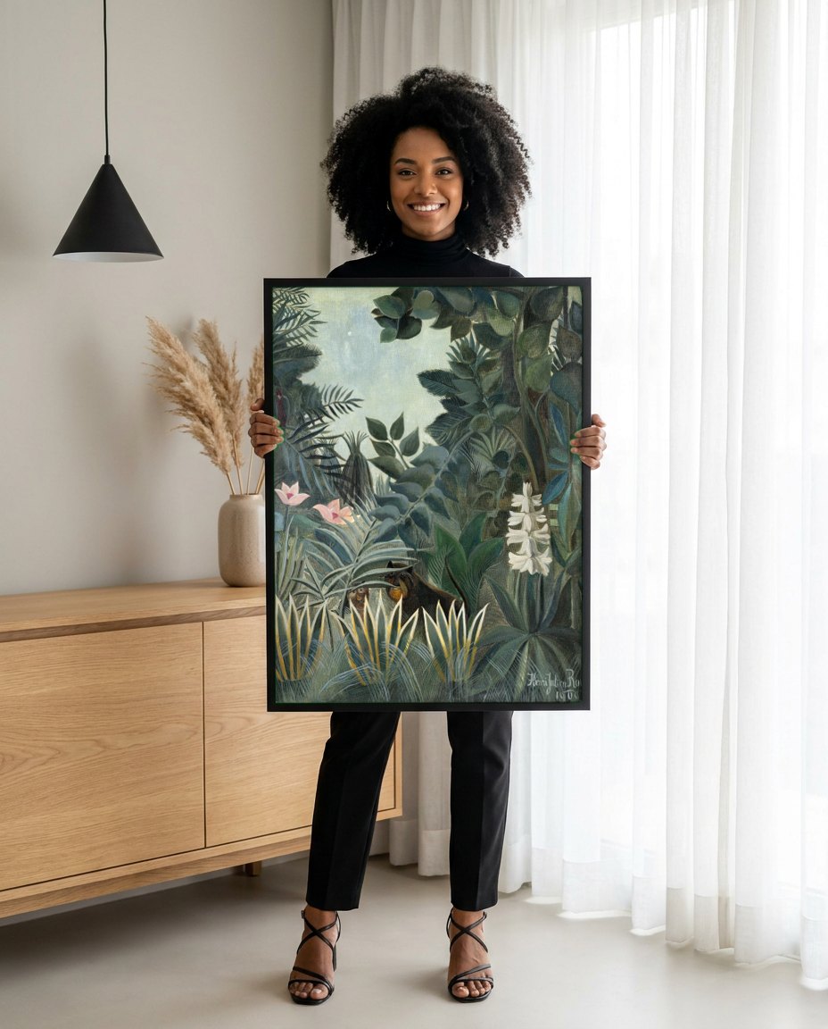Quadro Decorativo A Selva Tropical - Henri Rousseau | modelo apresentando o quadro emoldurado