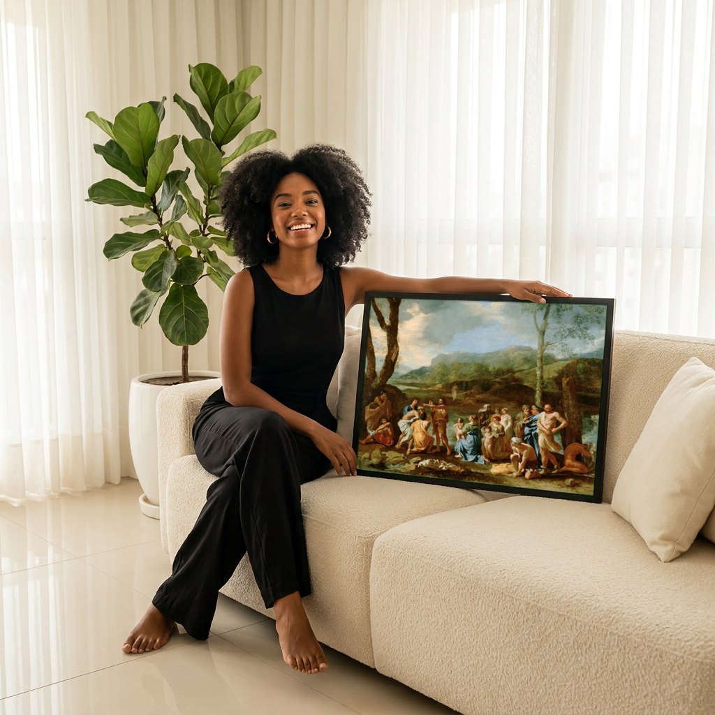Quadro Decorativo O Batismo de Cristo - Nicolas Poussin | modelo apresentando o quadro emoldurado