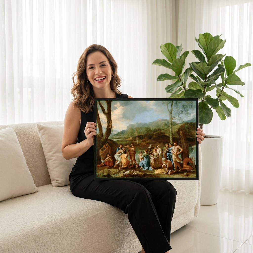 Quadro Decorativo O Batismo de Cristo - Nicolas Poussin | modelo apresentando o quadro emoldurado