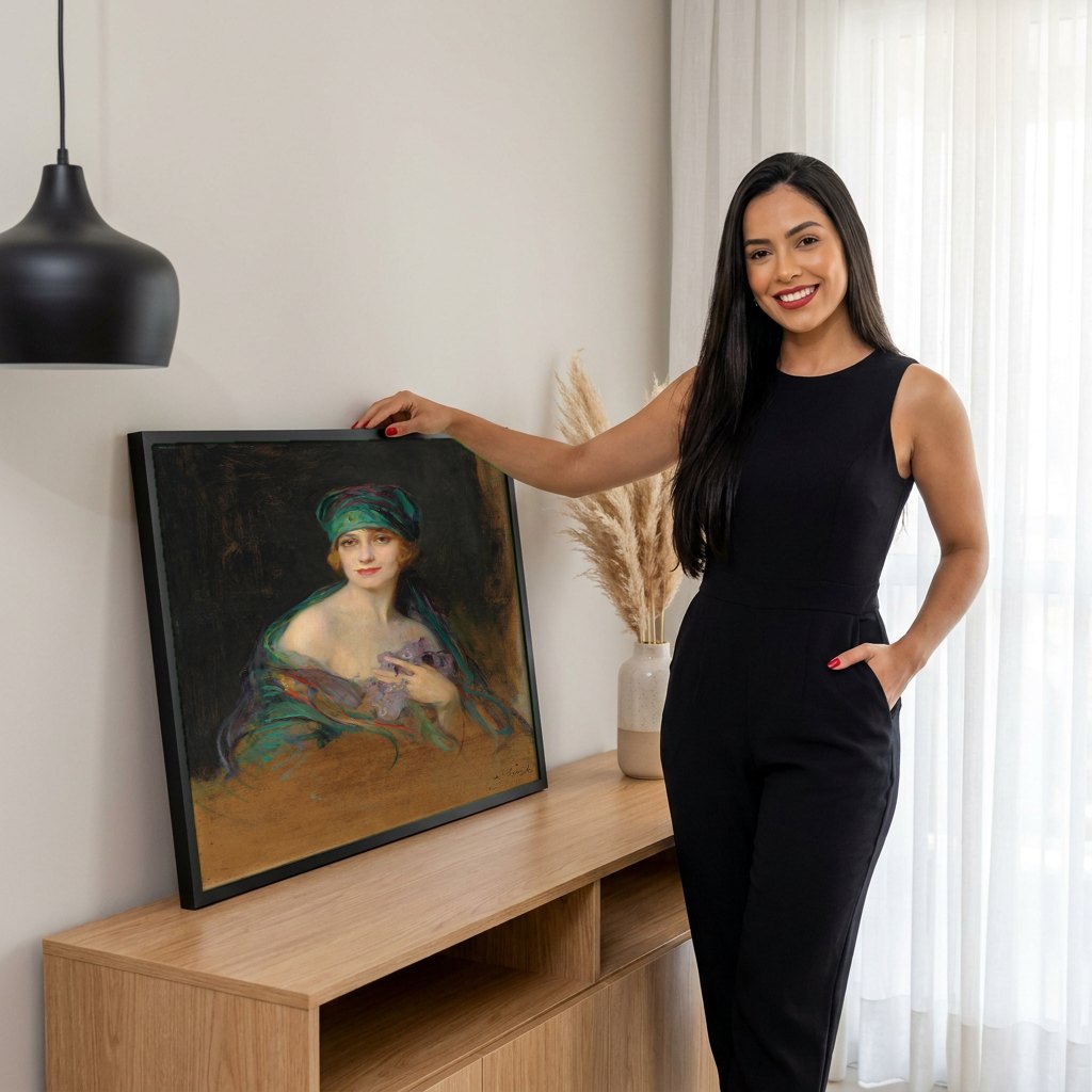 Quadro Decorativo Retrato de Senhora - Philip Alexius de László | modelo apresentando o quadro emoldurado