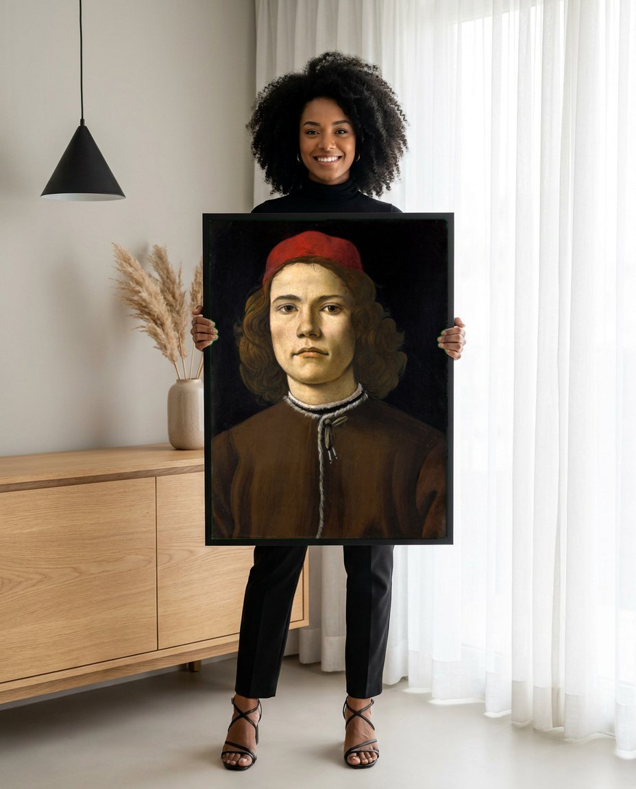 Quadro Decorativo Retrato de Jovem - Botticelli | modelo apresentando o quadro emoldurado