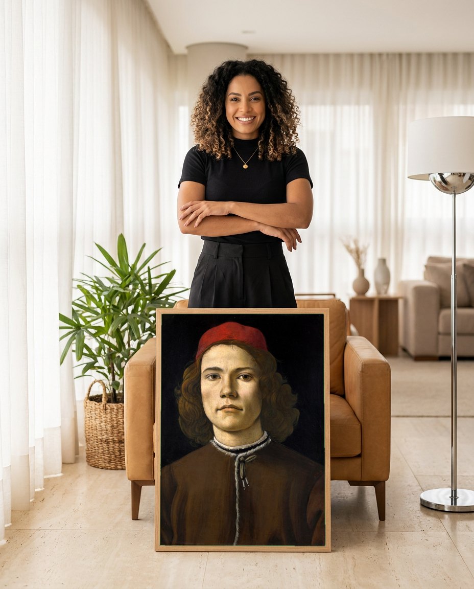 Quadro Decorativo Retrato de Jovem - Botticelli | modelo apresentando o quadro emoldurado