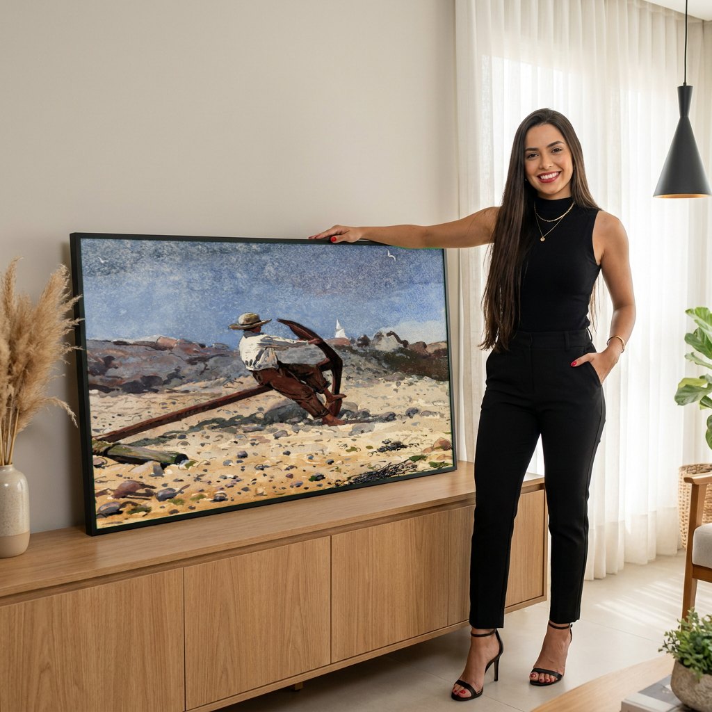 Quadro Decorativo Homem e Âncora na Praia - Winslow Homer | modelo apresentando o quadro emoldurado