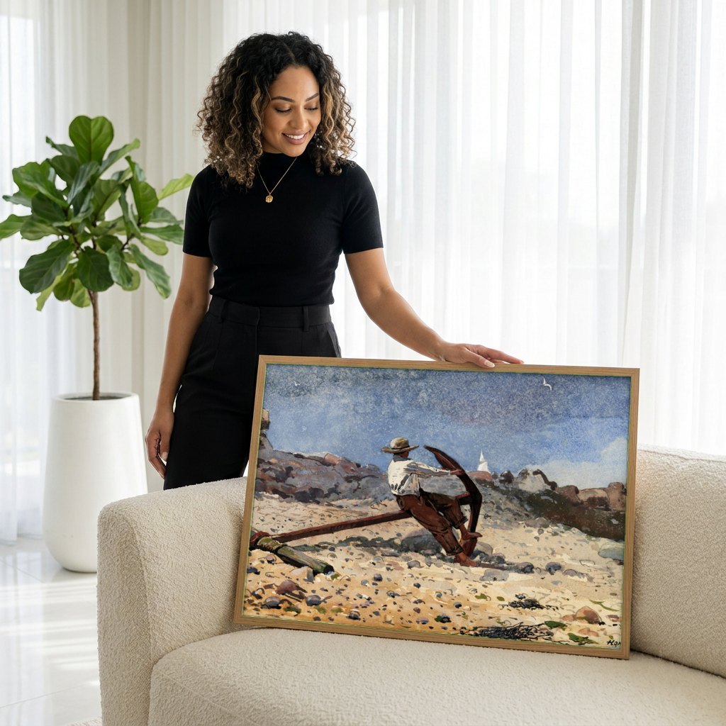 Quadro Decorativo Homem e Âncora na Praia - Winslow Homer | modelo apresentando o quadro emoldurado