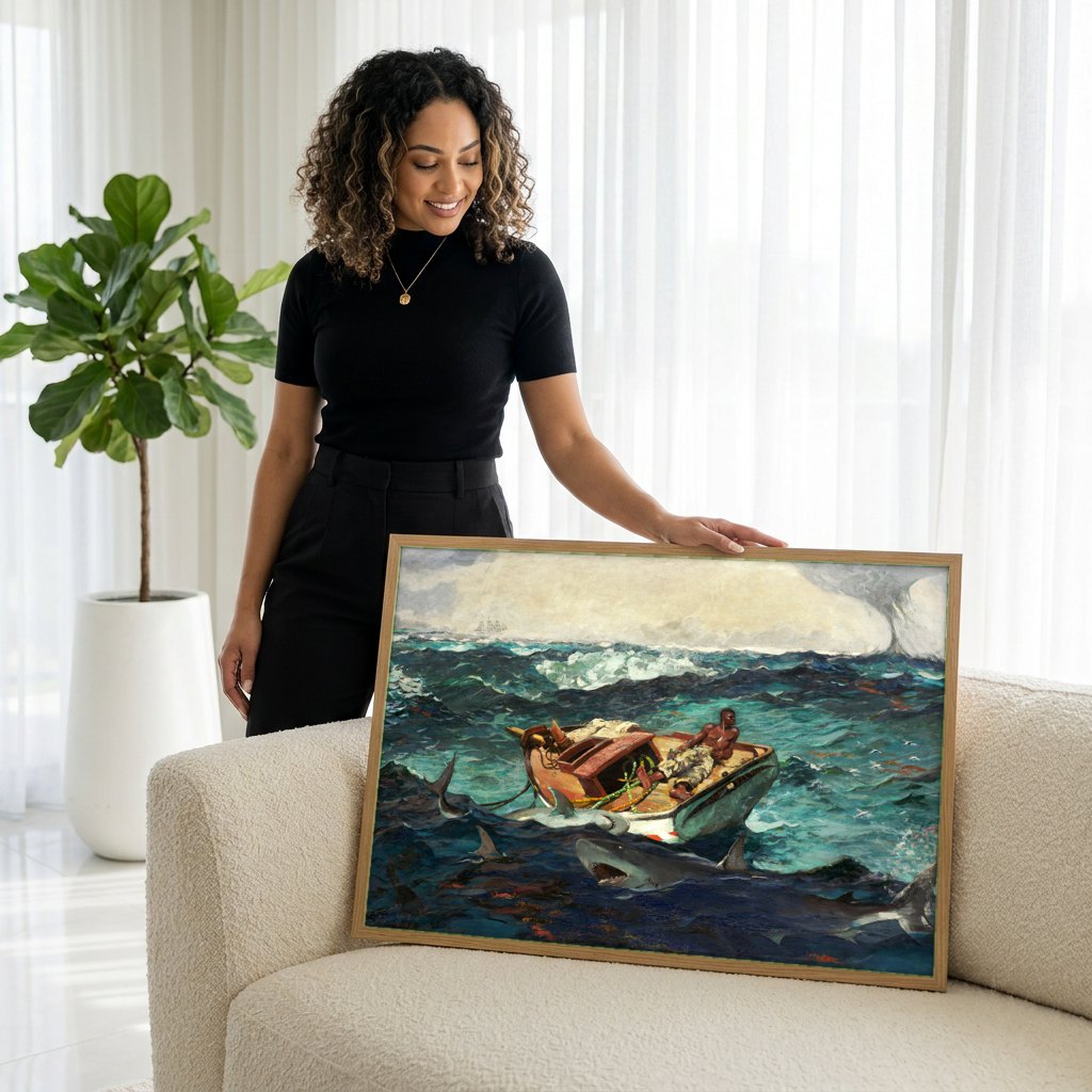 Quadro Decorativo O Corrente do Golfo - Winslow Homer | modelo apresentando o quadro emoldurado