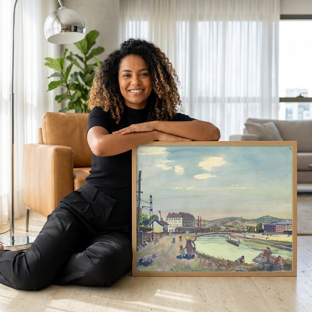 Quadro Decorativo 'Paisagem Urbana com Rio' - Oskar Laske | modelo apresentando o quadro emoldurado