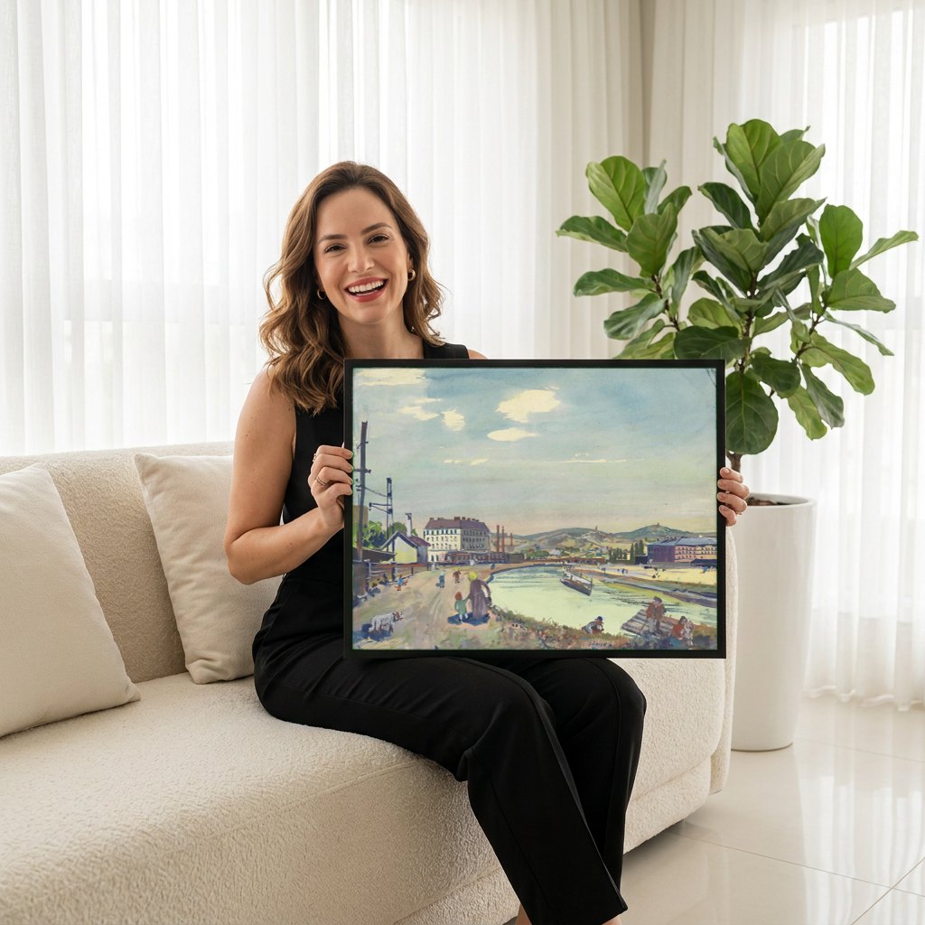 Quadro Decorativo 'Paisagem Urbana com Rio' - Oskar Laske | modelo apresentando o quadro emoldurado