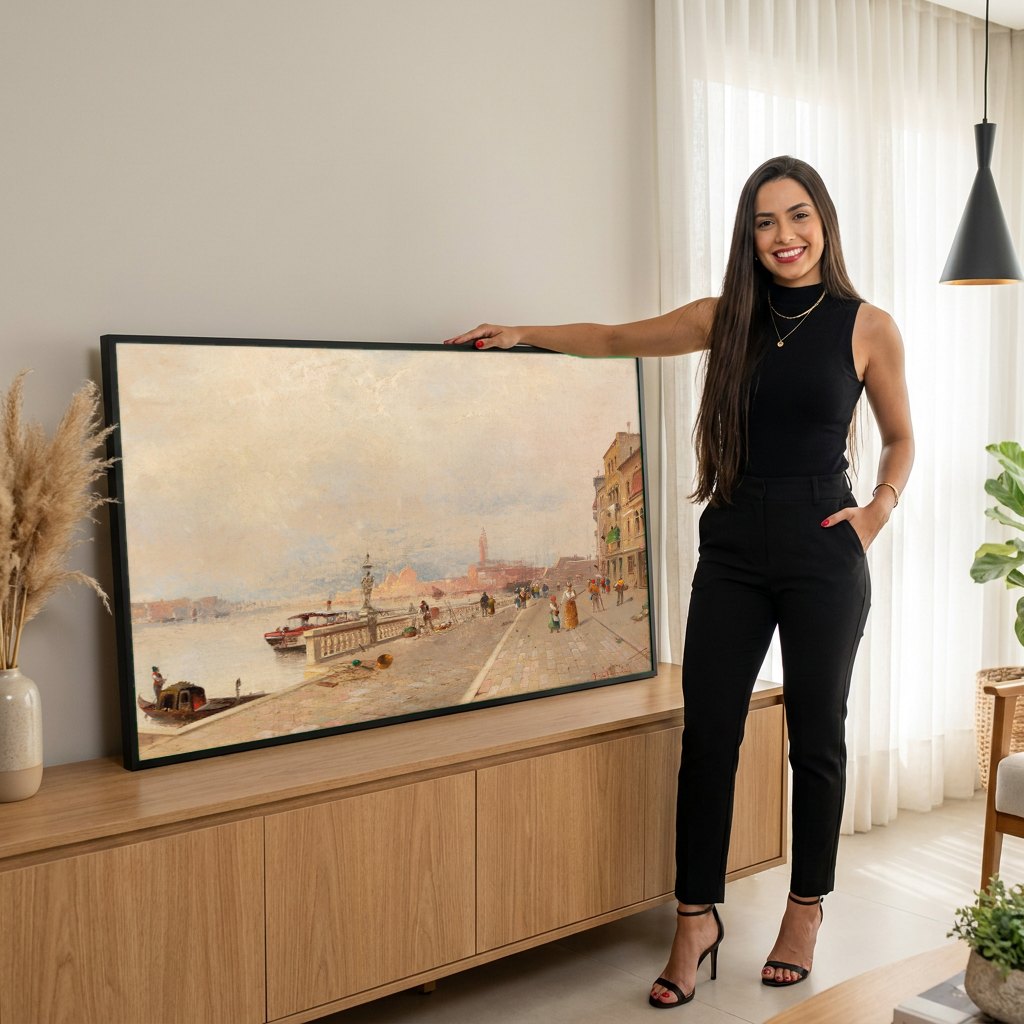 Quadro Decorativo Canal de Veneza com Figuras - Karl Kaufmann | modelo apresentando o quadro emoldurado