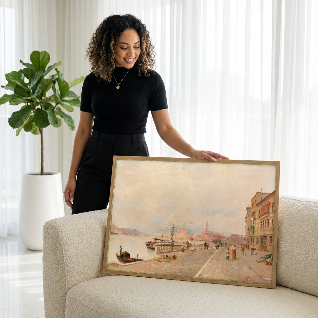 Quadro Decorativo Canal de Veneza com Figuras - Karl Kaufmann | modelo apresentando o quadro emoldurado