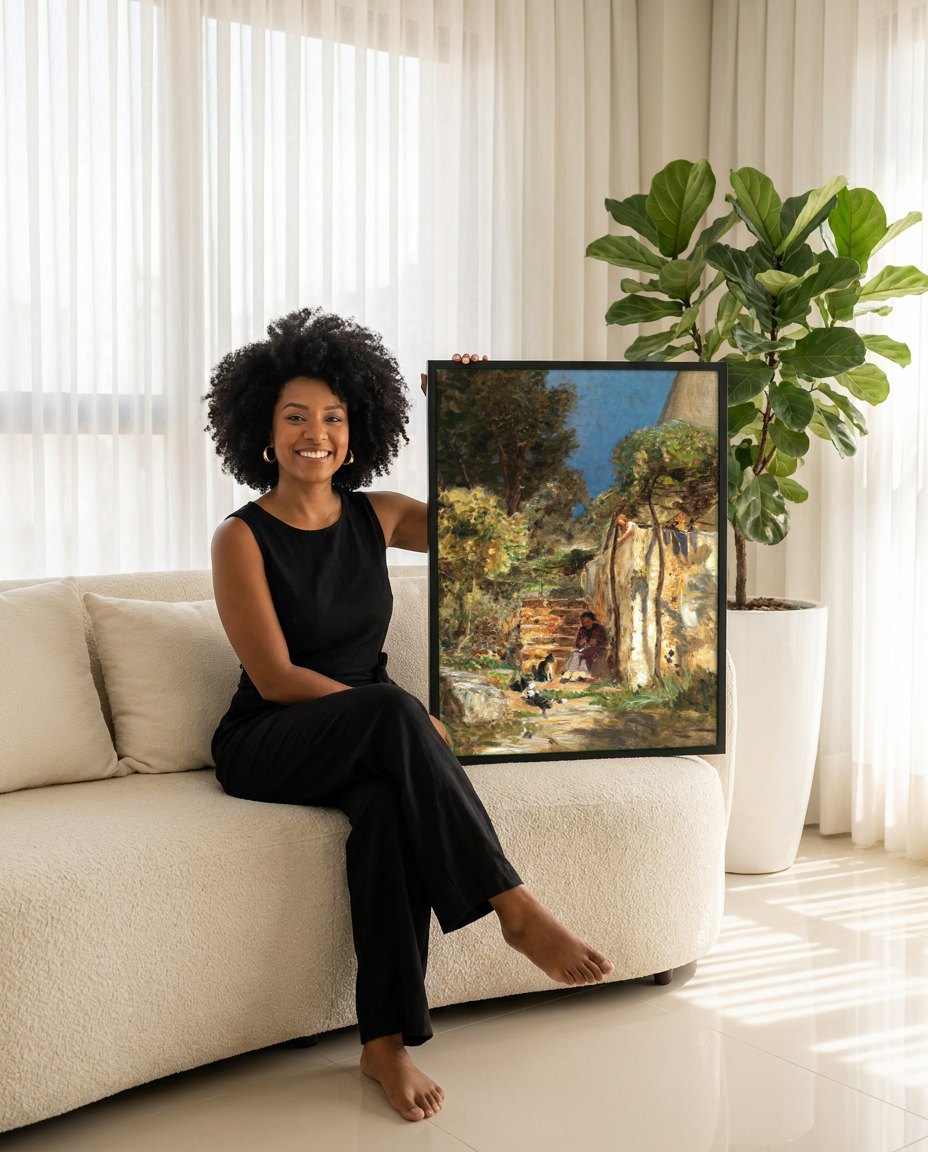 Quadro Decorativo Cena Campestre - Olga Wisinger-Florian | modelo apresentando o quadro emoldurado