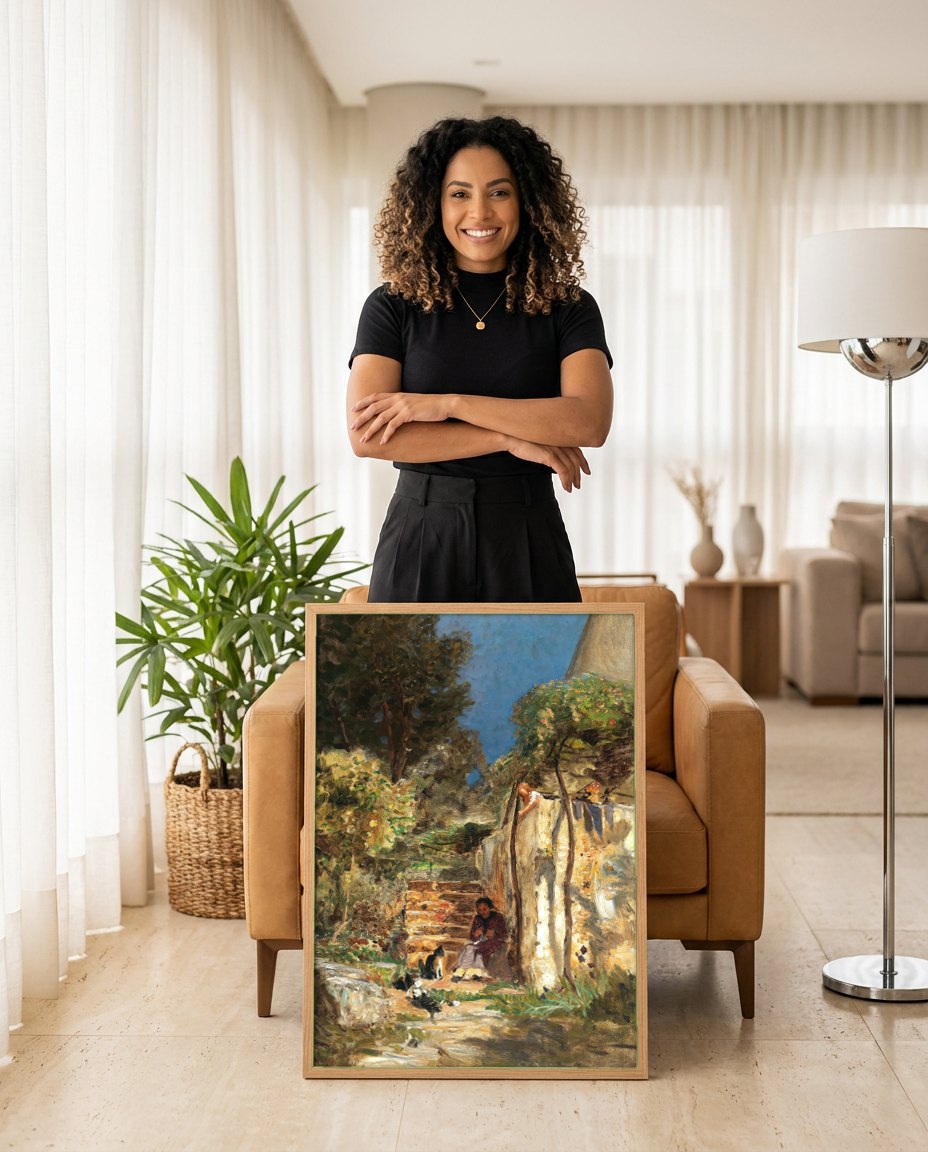 Quadro Decorativo Cena Campestre - Olga Wisinger-Florian | modelo apresentando o quadro emoldurado