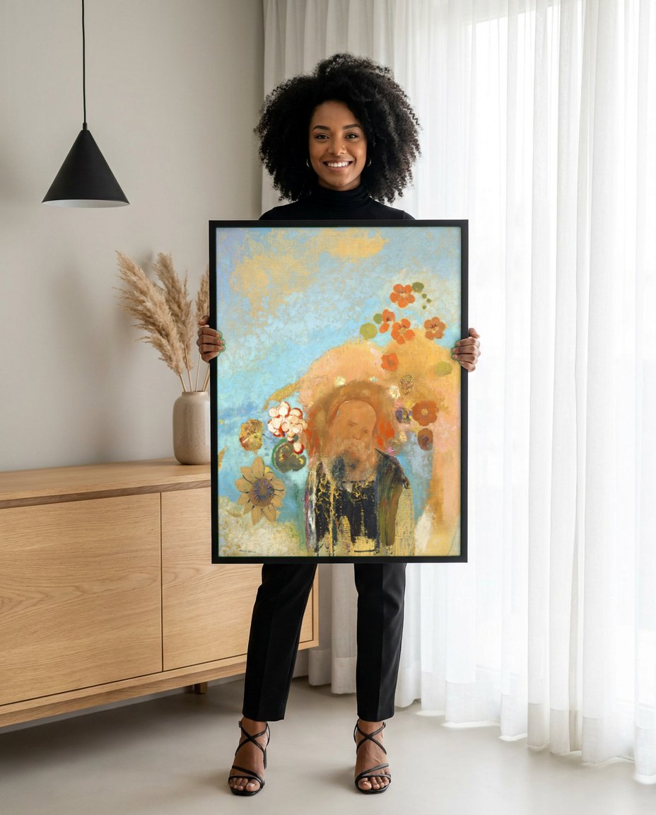 Quadro Decorativo O Velho com Flores - Odilon Redon | modelo apresentando o quadro emoldurado