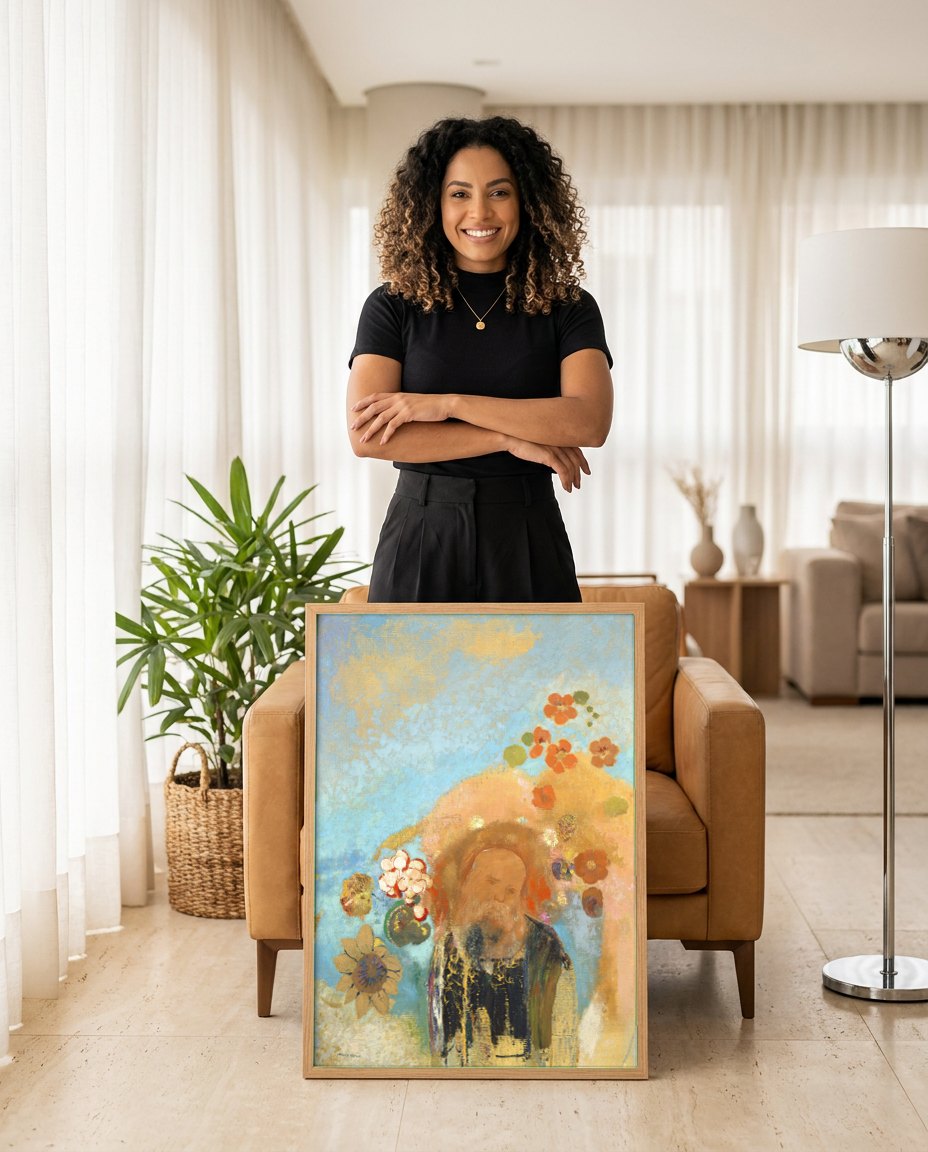Quadro Decorativo O Velho com Flores - Odilon Redon | modelo apresentando o quadro emoldurado