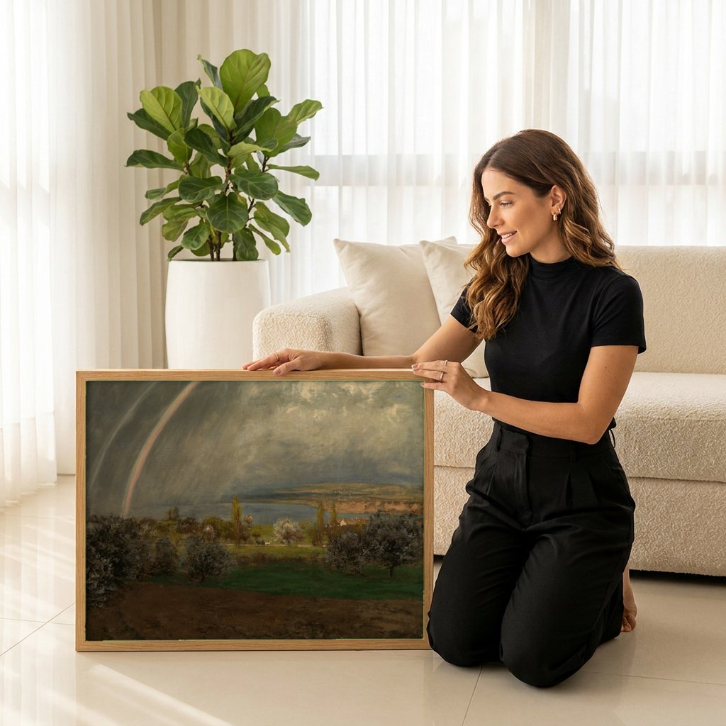 Quadro Decorativo A Paisagem do Arco-íris - Hans Thoma | modelo apresentando o quadro emoldurado