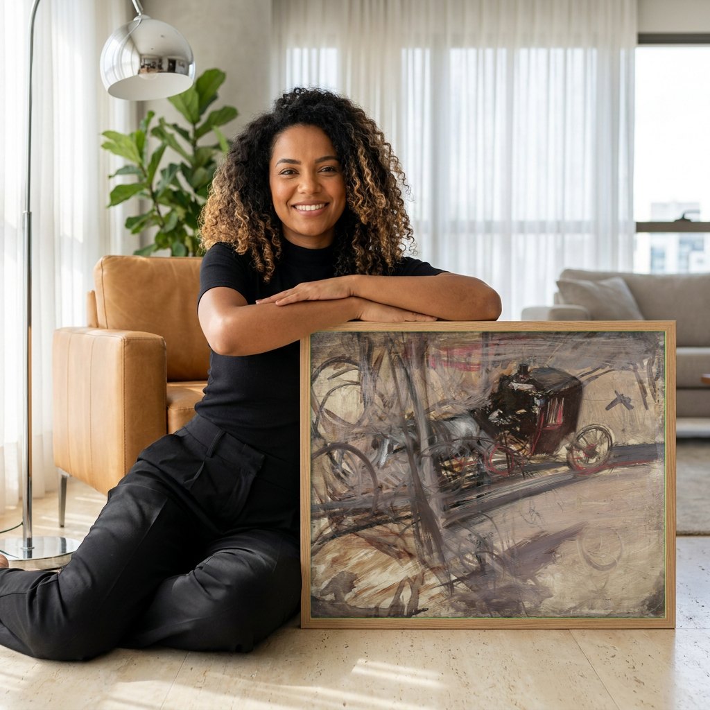 Quadro Decorativo Coche na Rua - Giovanni Boldini | modelo apresentando o quadro emoldurado
