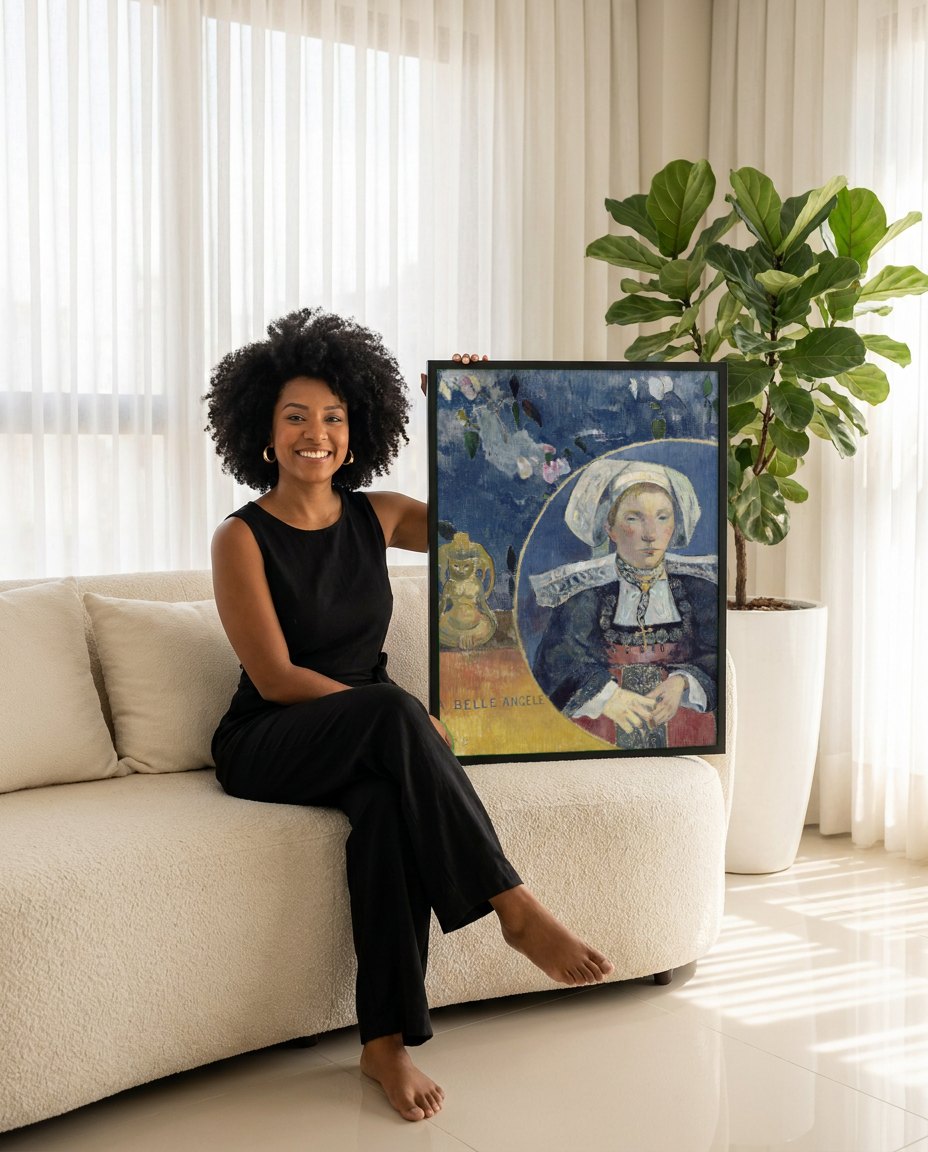 Quadro Decorativo La Belle Angèle - Gauguin | modelo apresentando o quadro emoldurado