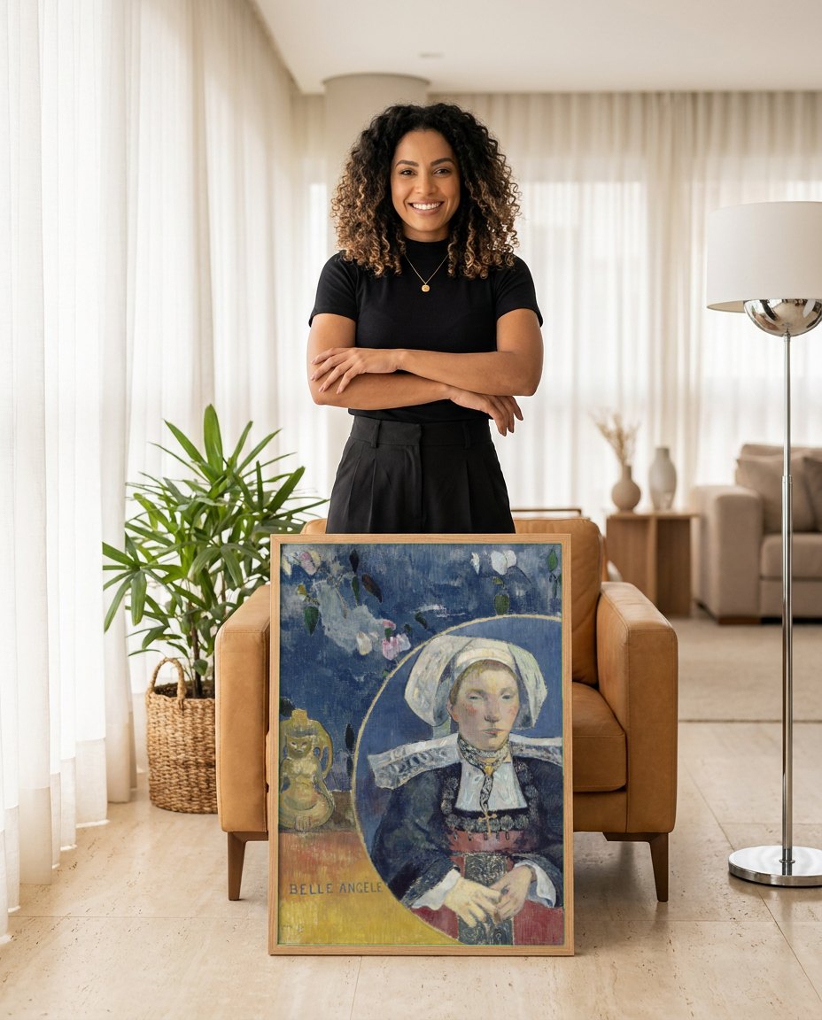 Quadro Decorativo La Belle Angèle - Gauguin | modelo apresentando o quadro emoldurado