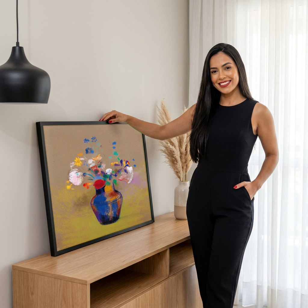 Quadro Decorativo 'Vaso com Flores Coloridas' - Odilon Redon | modelo apresentando o quadro emoldurado