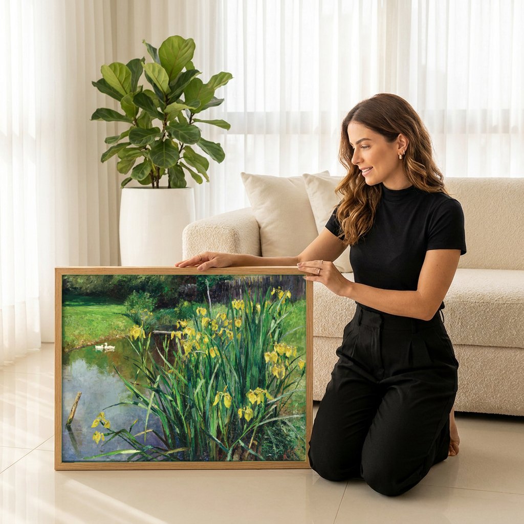 Quadro Decorativo Jardins de Irises - Marie Egner | modelo apresentando o quadro emoldurado