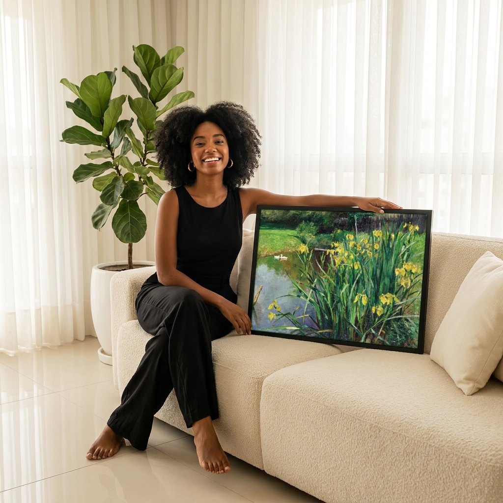 Quadro Decorativo Jardins de Irises - Marie Egner | modelo apresentando o quadro emoldurado