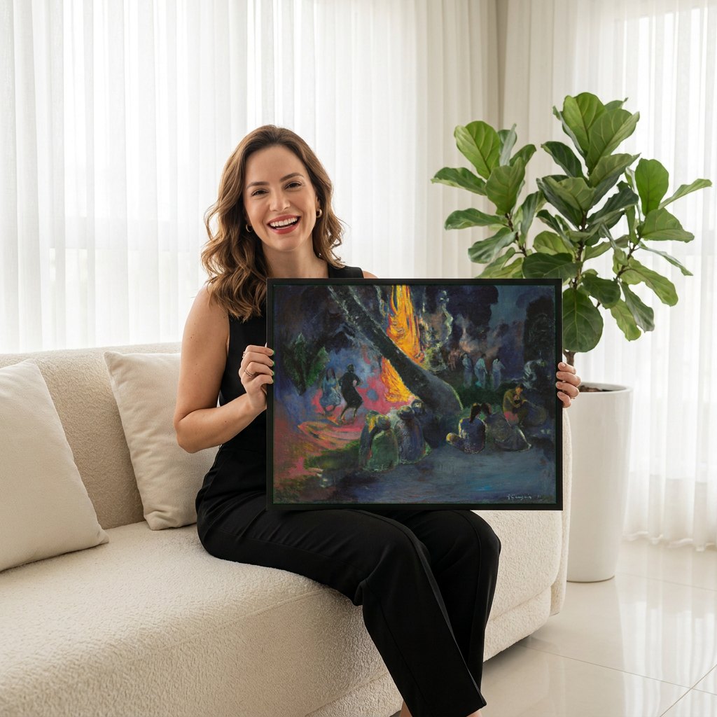 Quadro Decorativo A Fogueira - Paul Gauguin | modelo apresentando o quadro emoldurado