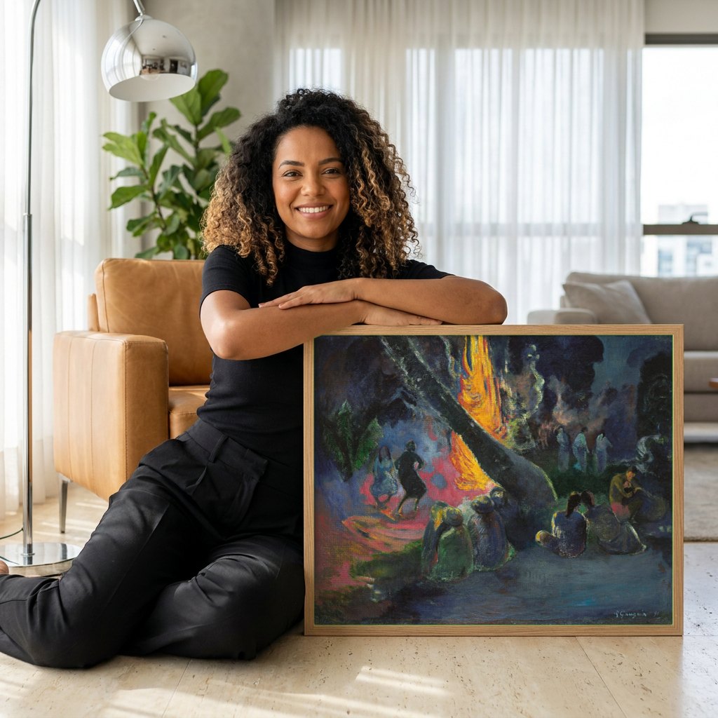 Quadro Decorativo A Fogueira - Paul Gauguin | modelo apresentando o quadro emoldurado
