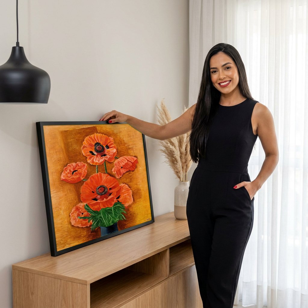Quadro Decorativo Papoulas Vibrantes - Moïse Kisling | modelo apresentando o quadro emoldurado
