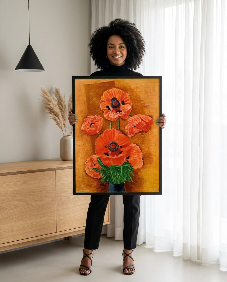 Quadro Decorativo Papoulas Vibrantes - Moïse Kisling | modelo apresentando o quadro emoldurado