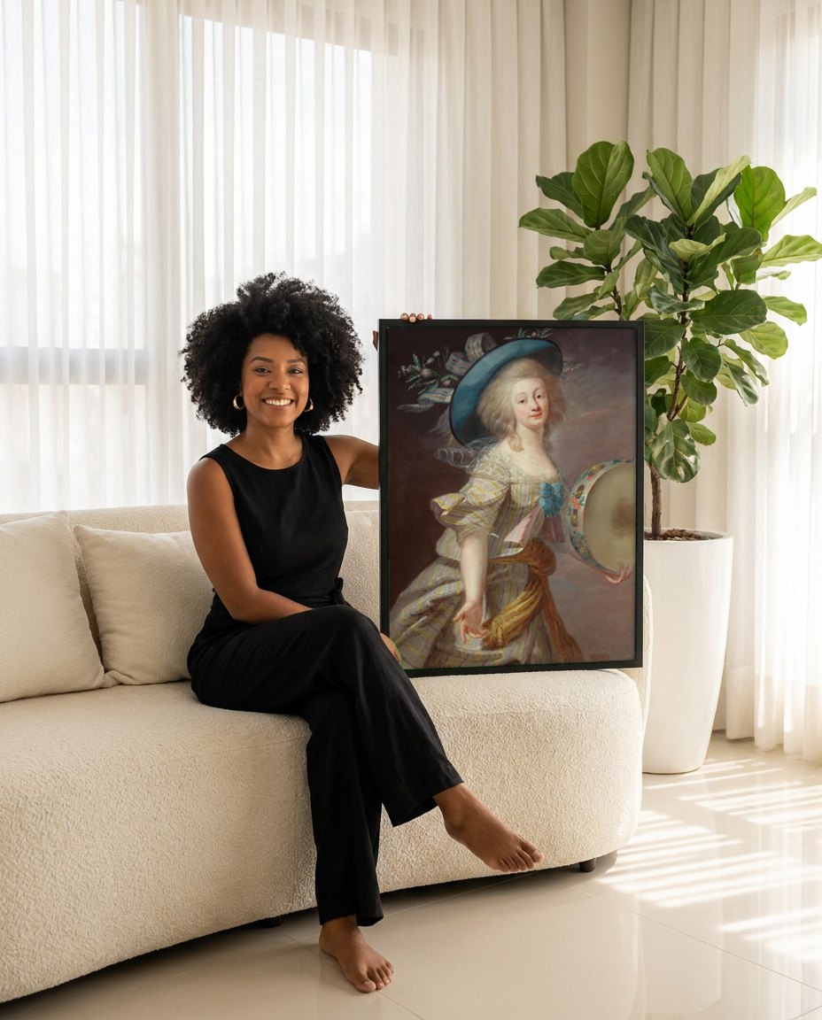 Quadro Decorativo A Mulher com o Tamborim - Vigée Le Brun | modelo apresentando o quadro emoldurado