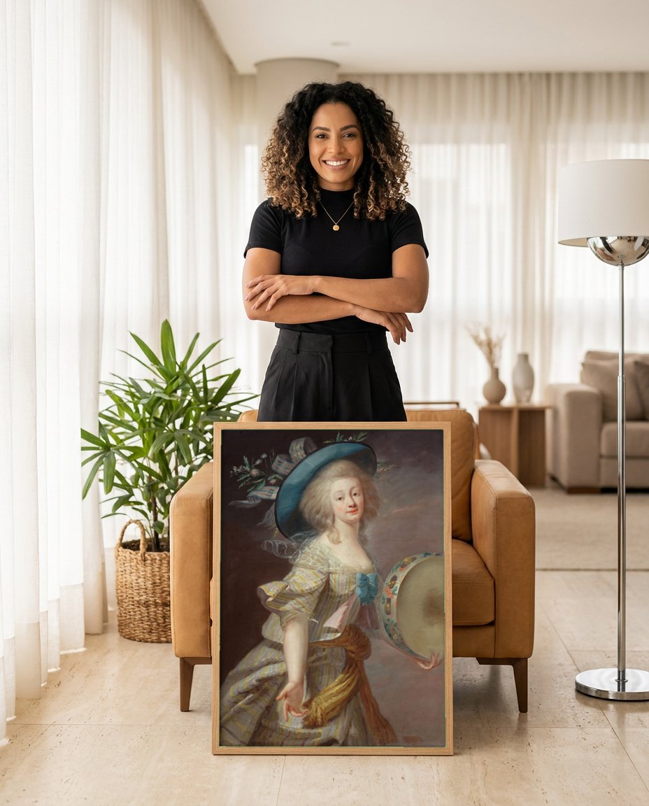 Quadro Decorativo A Mulher com o Tamborim - Vigée Le Brun | modelo apresentando o quadro emoldurado