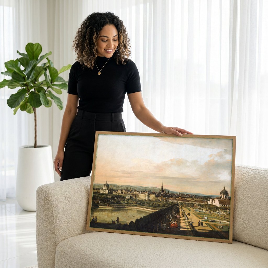 Quadro Decorativo Vista Panorâmica de Viena - Canaletto | modelo apresentando o quadro emoldurado
