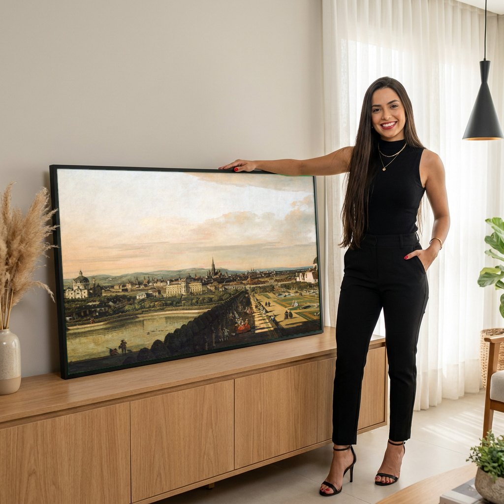 Quadro Decorativo Vista Panorâmica de Viena - Canaletto | modelo apresentando o quadro emoldurado