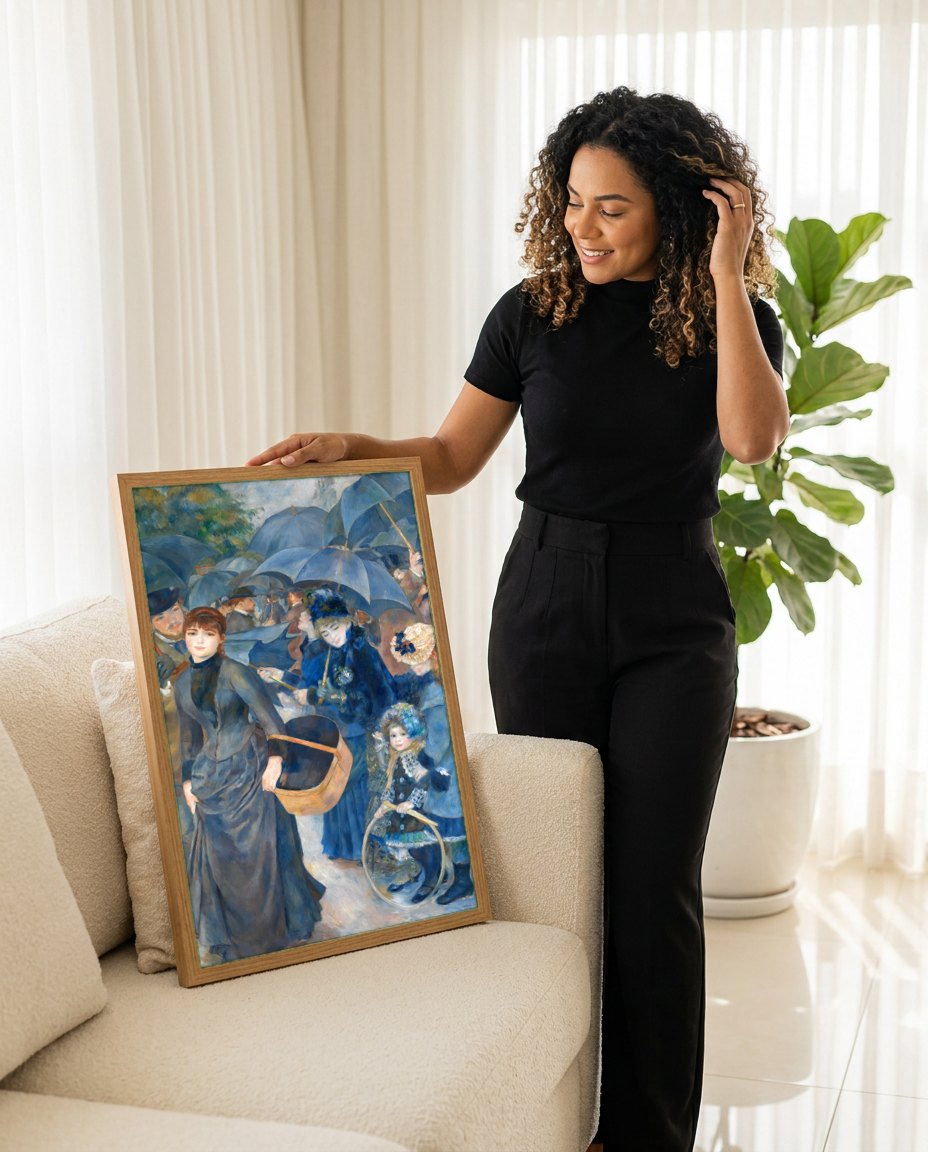 Quadro Decorativo Os Guarda-Chuvas - Renoir | modelo apresentando o quadro emoldurado