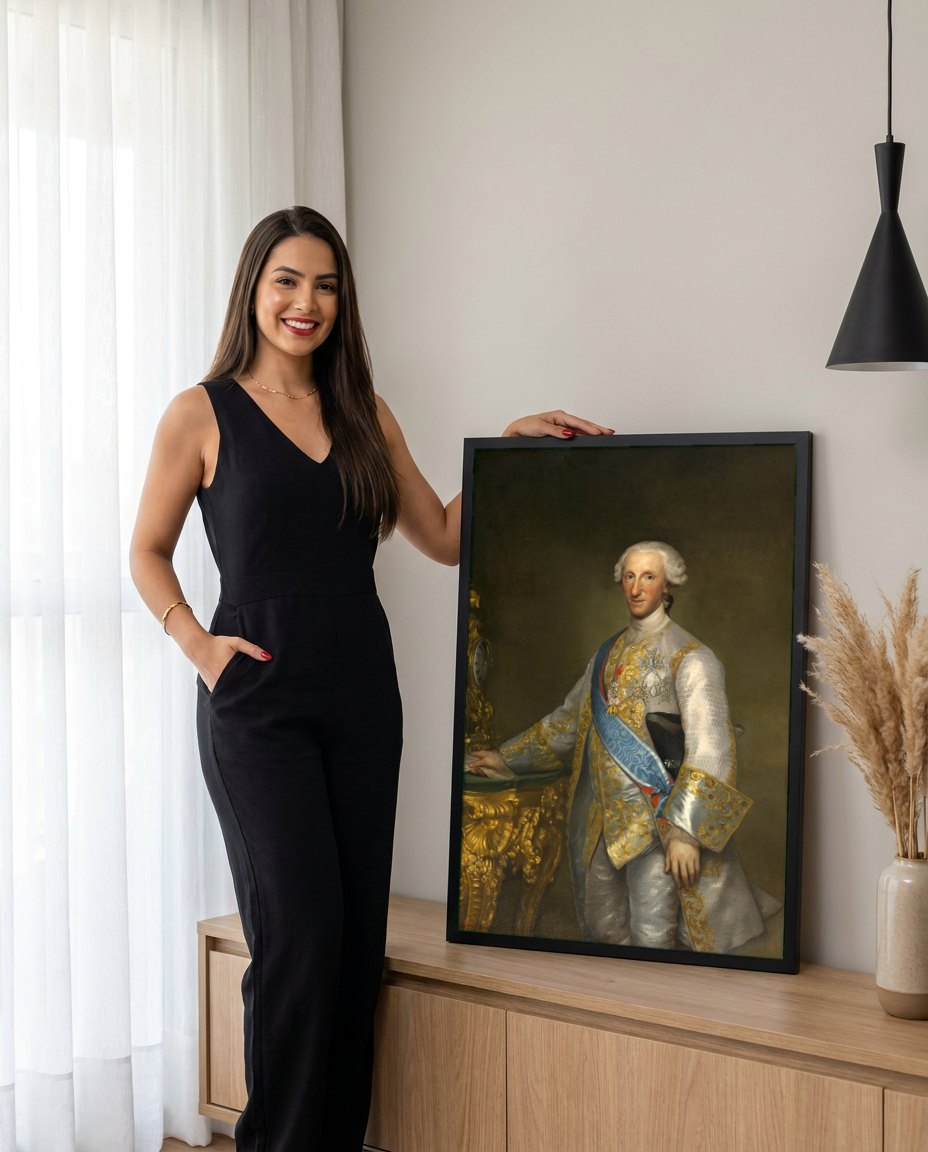 Quadro Decorativo Retrato de Carlos III - Anton Raphael Mengs | modelo apresentando o quadro emoldurado