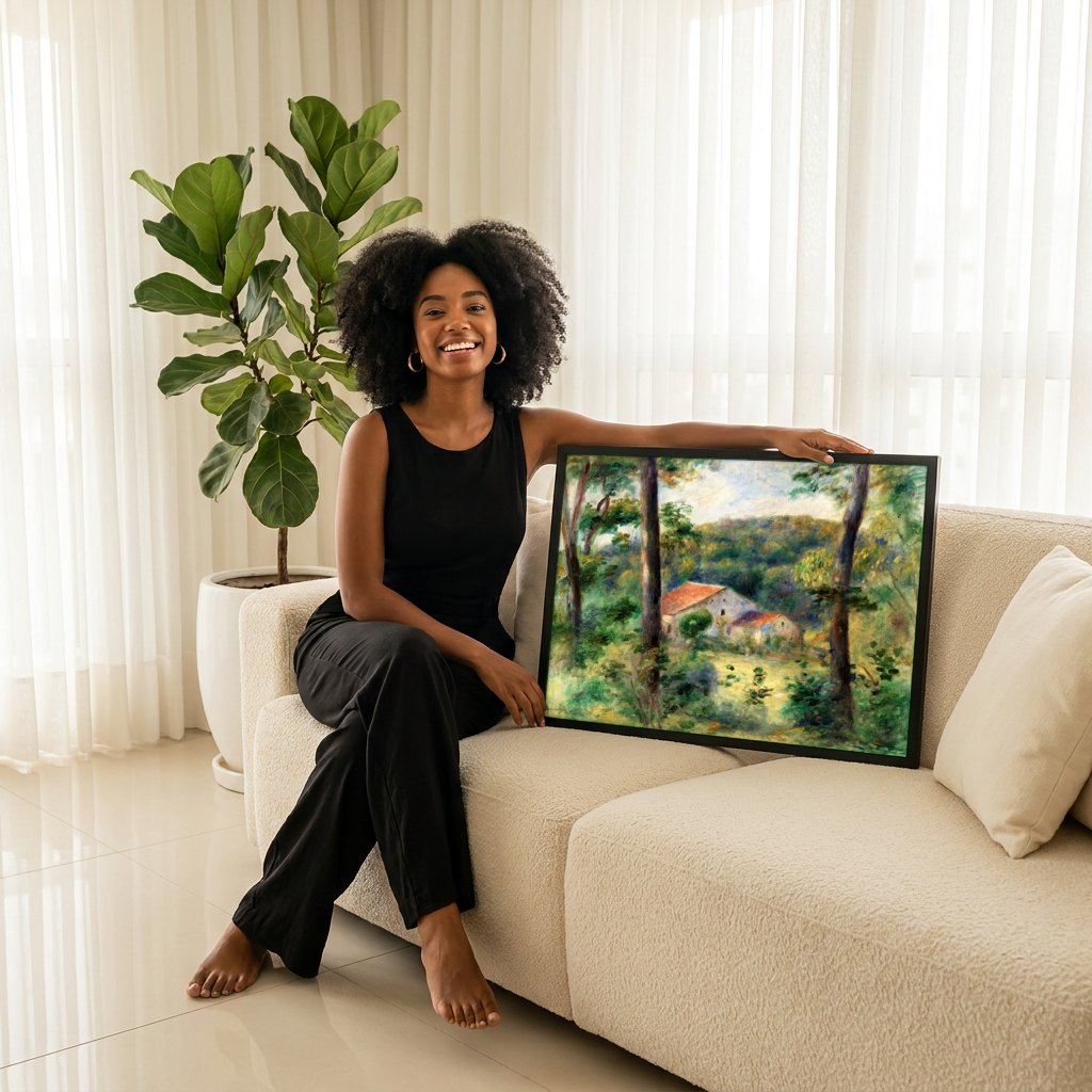 Quadro Decorativo Casa na Floresta - Renoir | modelo apresentando o quadro emoldurado